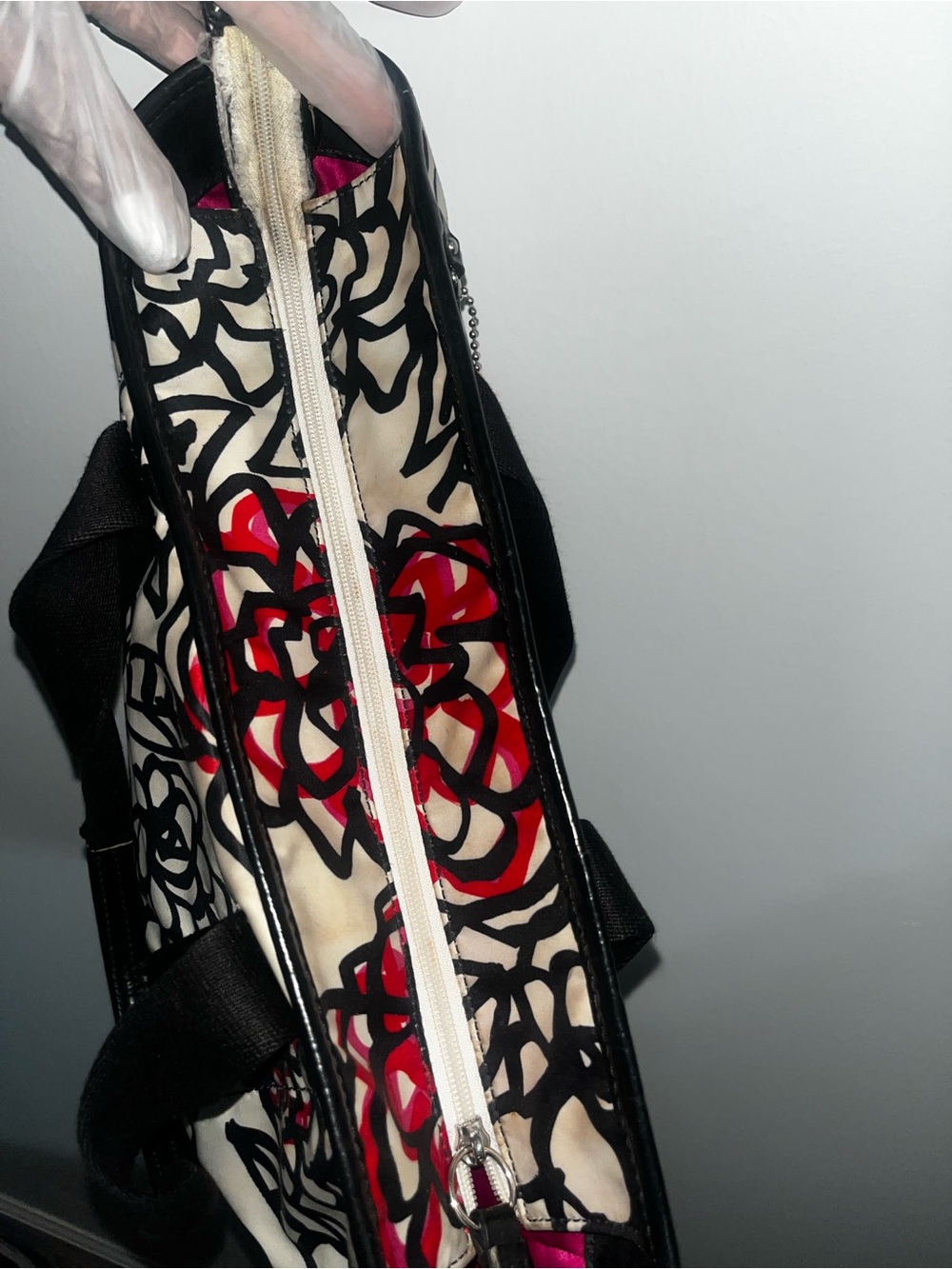 Coach Ivory Canvas Floral Tote with Black Straps and Red Flower Accents - Picture 8 of 16